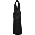 Elegant black satin halter dress with deep V-neck and 3D floral waist detail - L / Black