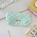 Mint green quilted pencil case with minimalist macaron pattern and large storage capacity - Mint Green
