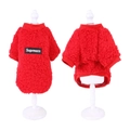 Red coral fleece dog hoodie with Supmern patch shown on a white display stand - XS / Red Supmern Sweatshirt