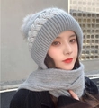 Women's grey knitted beanie hat and scarf set with fur pompom for winter warmth - Pattern Style / Gray