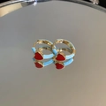 Golden hoop earrings with sky blue enamel finish and red heart pattern on mirror base - Light Blue Red Polka Dot Heart (HE22001)