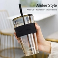 Amber glass coffee cup with black silicone sleeve, matching lid and straw - Amber + Tea Lid + Black Glass Straw + Black Silicone Sleeve