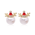 Christmas snowman earrings with golden reindeer antlers, red enamel, and large pearls - Pearl Reindeer Head
