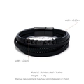 Men's multilayer black braided leather bracelet with stainless steel plate length 21cm - Black Wide Wrap (W-17-1)