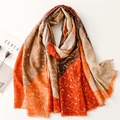 Thick warm scarf with orange geometric patterns and gold foil prints on white background - Orange Khaki