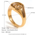 18K gold plated 316L stainless steel signet ring with sun moon motifs and AAA zircon - Sun Moon Eye Shell Ring-Gold-Size 6