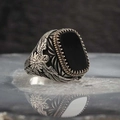 Men's vintage silver snake ring featuring a large flat black agate gemstone inlay - Adjustable Open / Square Black Agate Eagle Totem