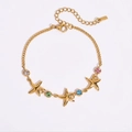 Gold starfish charm bracelet with colorful cubic zirconia and adjustable steel link chain - Gold Starfish with Colored Stones