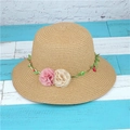 Detail of hand-woven straw hat crown with delicate leaf vine and chiffon flower decoration - M (56-58cm) / Light Coffee