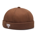 Brown brimless Docker hat in vintage cotton twill with white geometric embroidery - Adjustable / Coffee