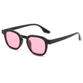 Retro round sunglasses with thick black frame and transparent pink lenses in a side view - Black Frame Pink Lens
