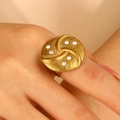 Golden swirl textured statement ring with white zircon stones in a bold sun pattern - Spiral Brushed Circle (2244)