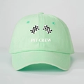 Detail of mint green cotton baseball cap with crossed racing flags and PIT CREW print - Light Green