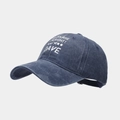 Detail of navy washed cotton baseball cap with white 'OF COURSE I'M RIGHT' printed text - Adjustable / Navy Blue