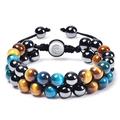 Tiger eye and obsidian stone double-row beaded bracelet with adjustable cord and Om charm - Blue Tiger Eye with Buckle
