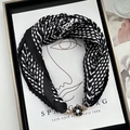 Checkered pleat scarf necklace with black flower pearl magnetic buckle accessory - Rose Buckle-Black Stripes / 37cm