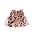 Pink leopard faux fur bucket bag with golden chain drawstring and pearl accents - Pink