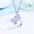 Minimalist purple butterfly pendant necklace with zircon and tassel charm on silver chain - Butterfly