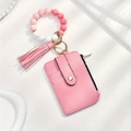 Pink leather wallet keychain with silicone bead wristband and fringe tassel detail - #5 Pink