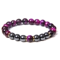 Detail of 8mm purple tiger eye beads and hematite stones on an elastic bracelet - Purple Cat's Eye with Dark Gray Hematite (Style-9)