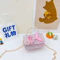 Pink sequin tweed girls purse with pearl handle and mermaid tail accessory - Horizontal Pink