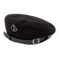 Klassische schwarze Wollbaske mit silbernem Anker-Emblem und Lederband-Detail - M (56-58cm) / Schwarz
