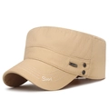Men's khaki flat top army cap with metal logo plate and sport embroidery detail - Beige