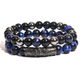 Three-layer beaded bracelet featuring black onyx, blue tiger eye stones, and a micro-pave tube - Blue Tiger Eye