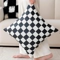 Luxury black and white checkered cushion cover with premium faux leather finish - Black and White Leather Patchwork Pillow Cover