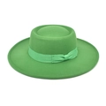 Detailed texture of grass green wool felt boater hat with a flat brim and silk ribbon - M (56-58cm) / Grass Green