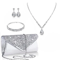 Sparkling silver bridal jewelry set with rhinestone water drop necklace and evening clutch - Silver Envelope Bag 4-Piece Set