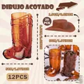 Amber cowboy boot plastic shot glasses set with mini brown hats for party decor - 12 Brown Cups & 20 Brown Hats Set