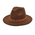 Classic dark brown wool fedora hat with ethnic woven leather band and flat brim - M (56-58cm) / Coffee