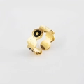 Golden stainless steel adjustable open ring featuring black enamel and textured circular design - Gold Geometric Black Enamel Open Ring