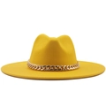Classic bright yellow wide brim wool fedora hat with a bold gold chain link band accent - M(56-58cm) / Metal Chain Style / Yellow