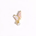 Detail of butterfly pendant with pink enamel wings, zircon stones and pearl drop - Gold Pink-White Iridescent Pearl Butterfly Style
