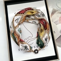 Floral print silk scarf with black flower pearl magnetic buckle in elegant gift box - Rose Buckle-Pony Green / 37cm