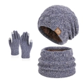 Winter 3-piece knit set with beanie, scarf, and touchscreen gloves in blue-grey mix - Three-Piece Set / Mixed Navy Blue