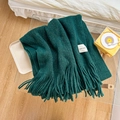 Long knit scarf in dark green color with thick wool texture and fringe details - Green