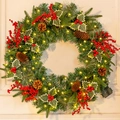 Detail of flocked Christmas wreath with red berries, pine cones and warm LED string lights - Timer Waterproof Battery Light (SYWT007)