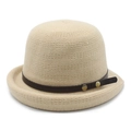 Detail of beige knitted bucket hat with vintage brown leather strap and gold rivets - M (56-58cm) / Beige