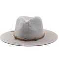 Detail of light gray straw fedora with bohemian braided band and emerald beads - Gray