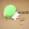 Detail of neon green faux fur pompom keychain with a cute PU leather fox face and gold clasp - Fluorescent Green