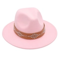 Detail of pink wool felt fedora hat featuring a brown leather band with silver rivets - M (56-58cm) / Pink