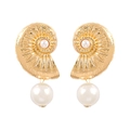 Detail of gold conch drop earrings with white pearls for summer beach fashion - Gold