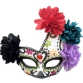 Day of the Dead masquerade mask with colorful faux flowers and glitter details - Flame Green