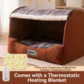 Brown plush pet bed with checkered lining and heating mat with adjustable controller - S (35x30x30cm) / 3-Speed Heating Pad / Bondi Blue