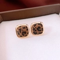 Macro shot of square gold-rimmed earrings with leopard print and velvet texture - 63# Silver Pin - Gold - Brown