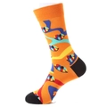 Vibrant orange cotton crew socks with colorful abstract lip patterns and black heel toes - 1251-Lip Print