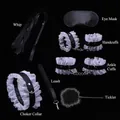 Black BDSM set with white lace trim, including handcuffs, collar, and feather whip - White 6-Piece Set